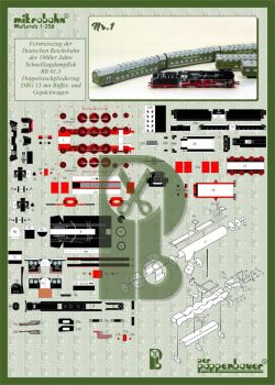 Reichsbahn - Fernreisezug: Schnellzuglokomotive BR 01.5, Doppelstockgliedzug DGG 13 mit Buffet- und Gepäckwagen (1960er) 1:250