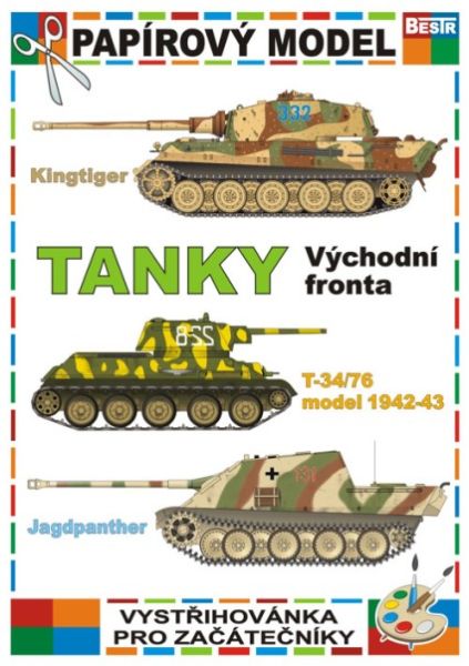 drei Panzer „Ostfront“ des 2. WK: Königstiger, T-34/76 (Modell 1942-43) und Jagdpanther, einfach