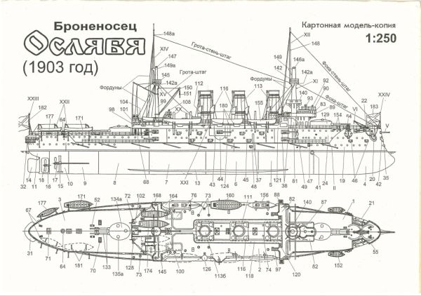 Schlachtschiff der Kaiserlich Russischen Marine Oslabja im Bauzustand von 1903 1:250 gut detailliert