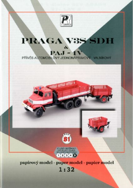 Feuerwehr Pritschenwagen Praga VS3 SDH mit Anhänger  1:32 (PK-Graphica Nr. 81)