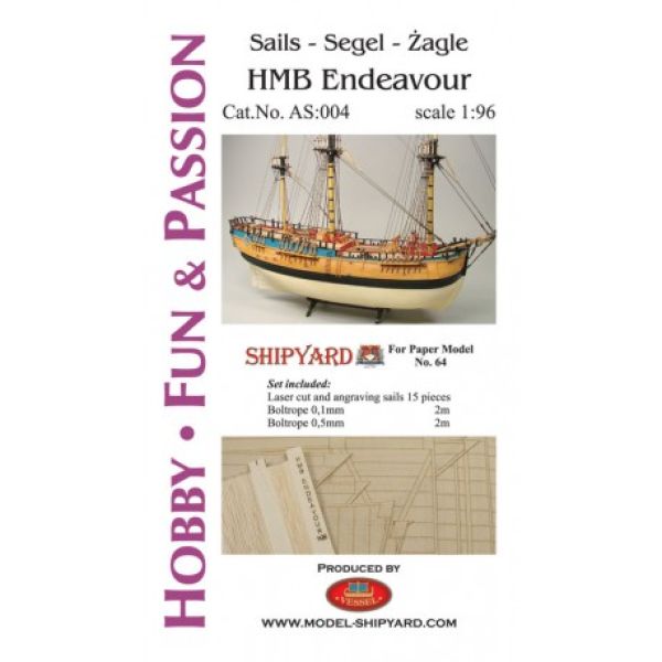 Stoff-Segelsatz + Seile für HMS Endeavour 1:96
