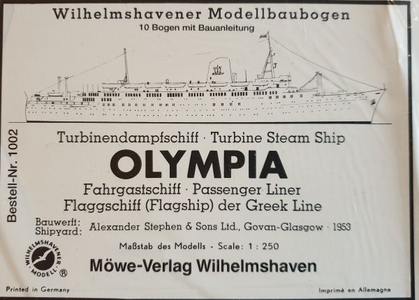 Turbinendampfschiff "OLYMPIA", Wilhelmshavener Modellbaubogen, 1:250 Nr.1002 Offsetdruck