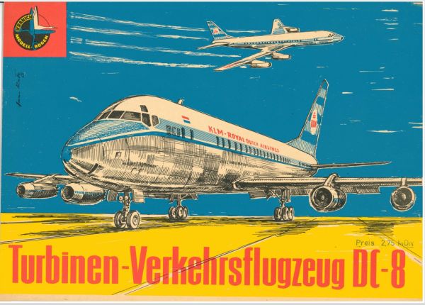 Turbinen-Verkehrsflugzeug Douglas DC-8 der KLM 1:50 auf Silberfolie, DDR-Verlag Junge Welt (Kranich Modell-Bogen 1965)