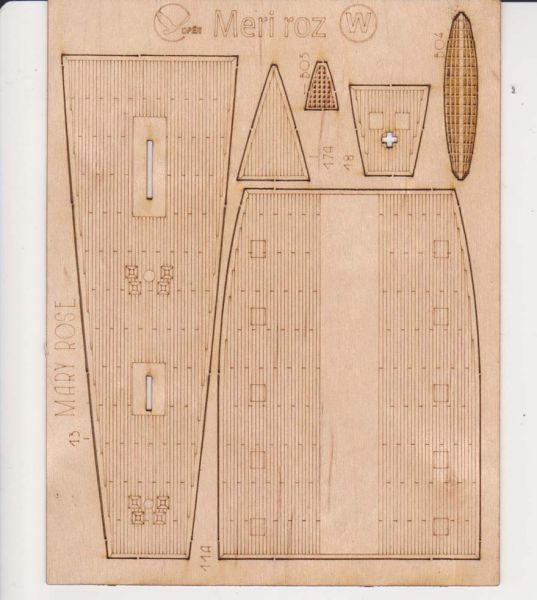 gravierter LC-Decksatz aus Holz für englische Karacke Mary Rose (1511) 1:200 (Oriel Nr. 306)