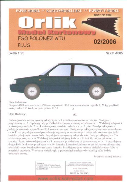 polnischer Pkw FSO Polonez ATU plus blau 1:25 Erstausgabe, einfach