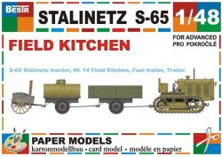 Kettenschlepper Stalinez S-65, ein einachsiger Kasten-Anhänger, ein einachsiger Treibstoff-Anhänger und eine deutsche Feldküche Hf.14 1:48