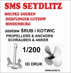 3D-Druck aus Kunststoff (4 Schiffsschrauben und 3 Anker) für sms Lützow, sms Seydlitz, sms Moltke, sms Goeben, sms Hindenburg 1:200